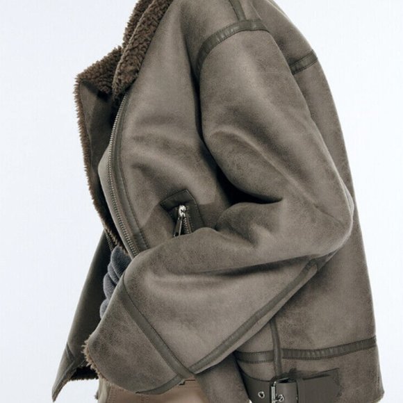 COPY - ZARA NEW WOMEN FAUX LEATHER SHEARLING DOUBLE-FACED BIKER JACKET GRAY 354… - Picture 9 of 15